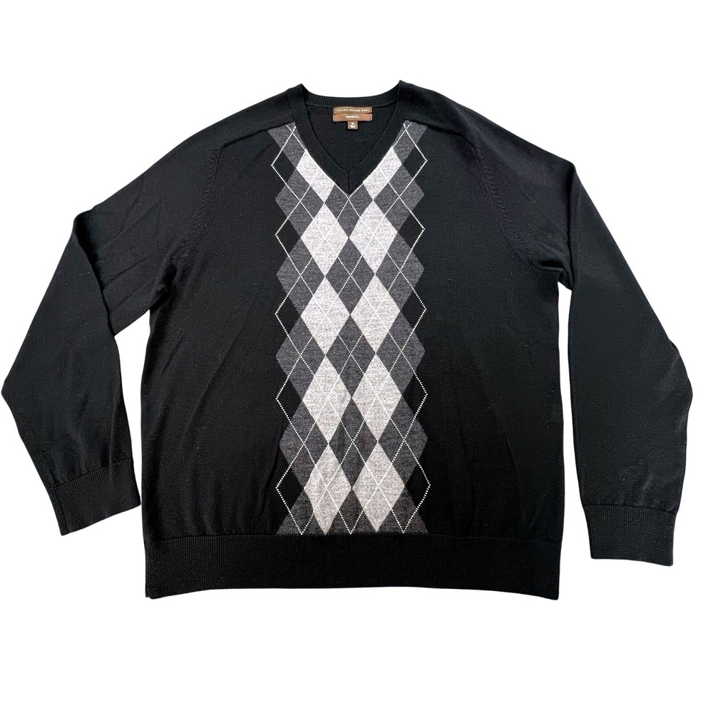 Merona Italian Merino Wool Sweater Men's XL BlackGray Argyle V-Neck Pullover NWT